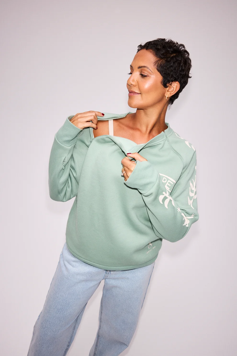 Sundazed Accessible Crew in Sage Green with Hope slogan and leaf design on sleeves